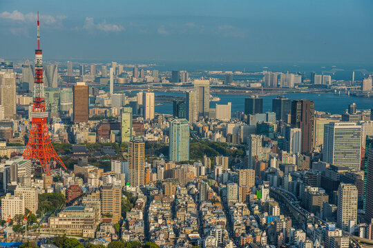 View over Tokyo with the Tokyo Tower, from the Mori Tower, Roppongi Hills, Toykyo, Honshu