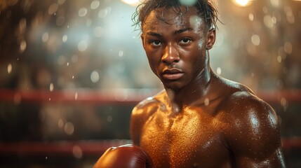 intense focus young boy boxer covered with sweat during boxing training