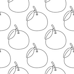Chinese orange mandarin with green leaf. Seamless pattern. line doodle coloring. Whole fruit with peel. Self production eco bio. Ingredients for food and drinks. background print ornament