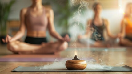 Group yoga session with focus on diffuser mist