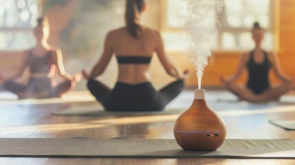 Yoga class with diffuser and serene atmosphere