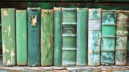 a lot of old green books at the flea market