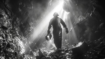 Obraz premium Coal Miner Emerging from Mine Shaft with Lamp