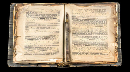 Obraz premium An unfolded old book and an ink pen on it. Open book,