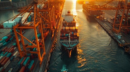 Cargo Ship Being Loaded at Bustling International Port


