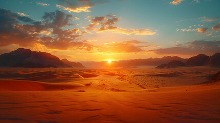 An ultra HD view of a nature desert at sunrise, the light casting long shadows and creating a golden glow across the sand