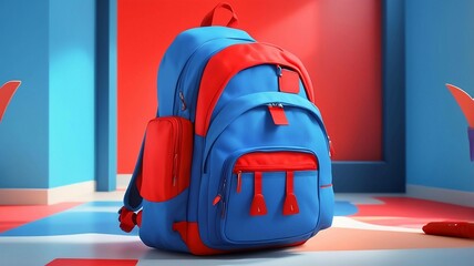 Fototapeta premium Blue backpack with red trim on red and blue floor
