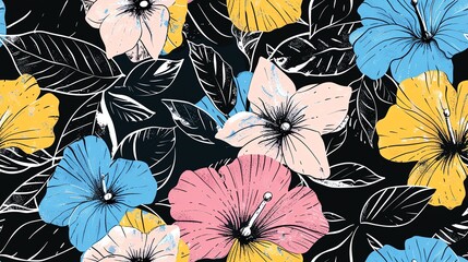 Soft pastel black, yellow, blue and pink floral design, hand-drawn seamless pattern