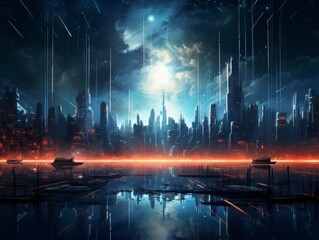 A cityscape with a bright sun in the sky