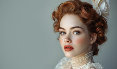 Fototapeta premium Retro Fashion Beauty, Beautiful Woman Portrait, Girl Old Fashioned Hairstyle Makeup Dress. Copy space
