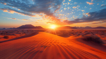 An ultra HD view of a nature desert at sunrise, the light casting long shadows and creating a golden glow across the sand
