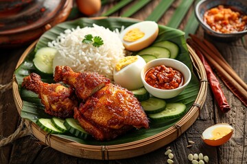 A plate of Nasi Lemak on banana leaves with fried chicken tight