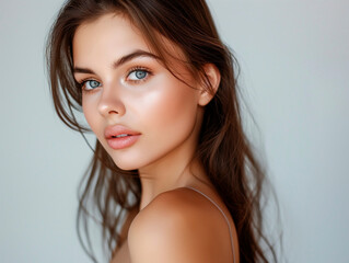 Naklejka premium Beautiful Woman with perfect skin Portrait. Brunette Girl, empty copy space