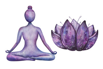 Watercolor set of illustrations. Hand painted yoga girl sitting in lotus position in meditation. Padmasana. Lotus flower. Naked yoga woman silhouette. Isolated sport clip art. Yoga studio