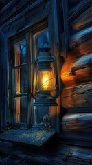 a vintage lantern casts a warm glow on the weathered exterior of an old wooden house, infusing the scene with a timeless charm and inviting aura.