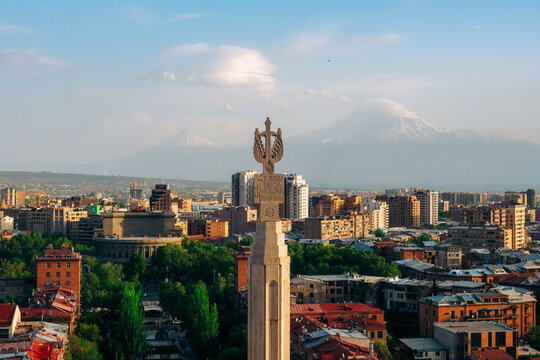 The view from the Cascade Complex of Mount Ararat and Yerevan, Armenia (Hayastan), Caucasus