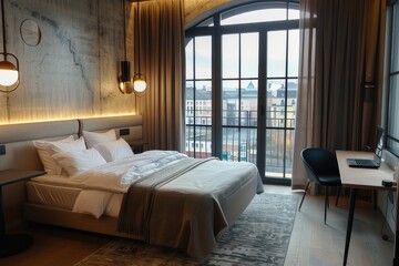 Stylish hotel bedroom interior with work table and bed, panoramic window