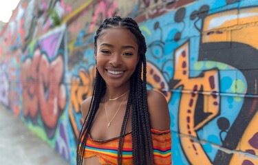 Fototapeta premium portrait of pretty young African American woman braid hairstyle, graffiti wall urban art background