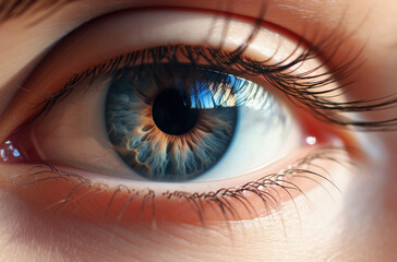 Fototapeta premium Macro pupil retina human eye, eyeball. Female eyes with long eyelashes close up. Macro of human eye. Closeup of blue human eye. Human eyes close-up detail.