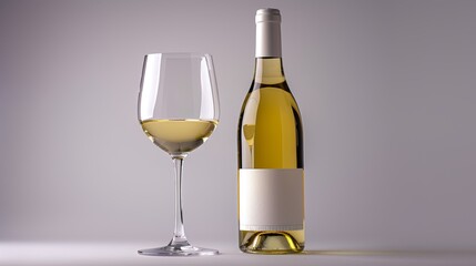 Fototapeta premium Elegant white wine bottle next to a filled glass, label facing forward, isolated background, studio lighting