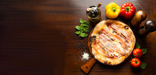 top point of view pizza - Italian Pizza Margherita with tomatoes sauce, black olives, mozzarella...