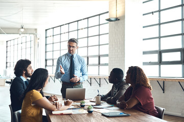 Laptop, manager or businessman in presentation for solution, problem solving or teaching in...