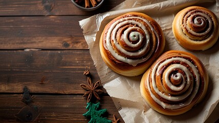 Tasty cinnamon rolls, Cinnamon rolls buns christmas baking on a wooden breakfast table and parchment paper.