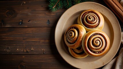 Tasty cinnamon rolls, Cinnamon rolls buns christmas baking on a wooden breakfast table and parchment paper.