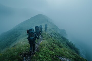 Fototapeta premium Hikers Ascending Misty Mountain: Serene Morning Exploration