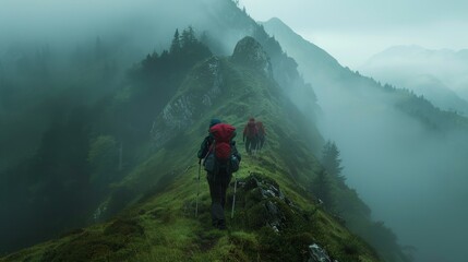 Hikers Ascending Misty Mountain: Serene Morning Exploration

