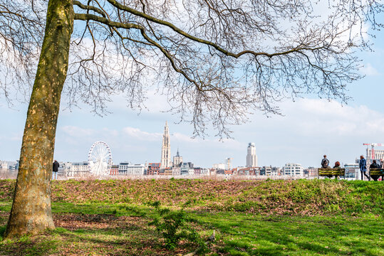 View of the skyline of Antwerp across the River Schelde from a park, Scheldekaaien Linkeroeve, Antwerp, Belgium
