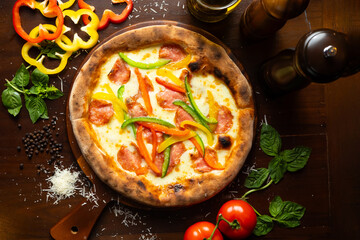 top point of view pizza - Italian Pizza Margherita with tomatoes sauce, black olives, mozzarella and cheese