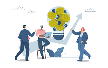 Gathering of team ideas into one, Screening or filtering good employee ideas, Creative brainstorming, Team meeting and setting goals to collect all ideas, png image with transparent background.