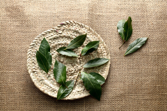 Bay leaves on a woven ethnic plate on a canvas background, Istanbul, Turkey