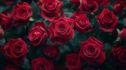 Obraz premium A large bouquet of red roses in the style of Valentine's Day theme, high resolution, hyper realistic photography style, closeup, dark background, top view