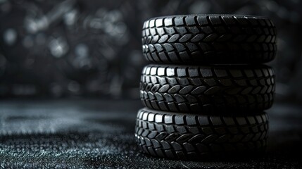 Three stacked car tires on textured surface