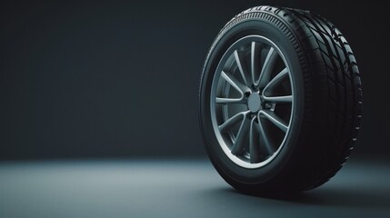 Car tire with alloy wheel on dark background