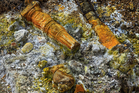 Damage to pillars caused by fumarole steam and sulphur minerals at Bukit Kasih volcanic tourist world peacepark, Bukit Kasih, Minahasa, North Sulawesi, Indonesia