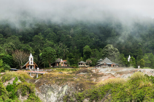 Worship houses of five major religions at Bukit Kasih, a volcanic tourist park with a world peace themed tower, Bukit Kasih, Minahasa, North Sulawesi, Indonesia Asia