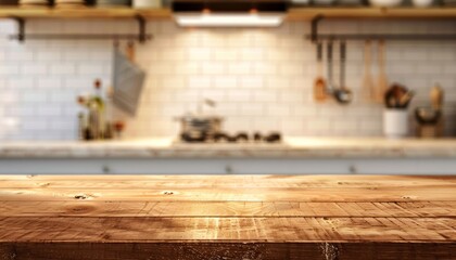 Wooden kitchen countertop with blurred modern kitchen in background. Ideal for product placement and design presentations.