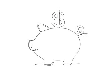 Continuous one line drawing of Piggy bank and money, Finance Day concept. Modern continuous line draw design graphic vector illustration
