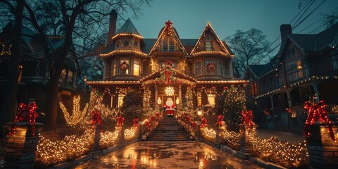 Fototapeta premium Victorian House with Elaborate Christmas Decorations: Festive Santa Display