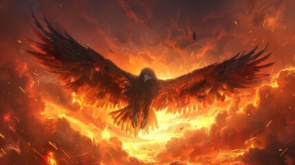 Ferocious griffin spreading its wings in mid-flight against a fiery sunset sky.