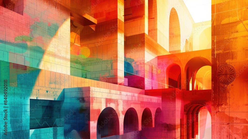 Poster modern building colorful. architectural background featuring a blend of colorful and aesthetically p