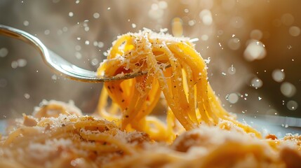 spaghetti pasta with a fork close up
