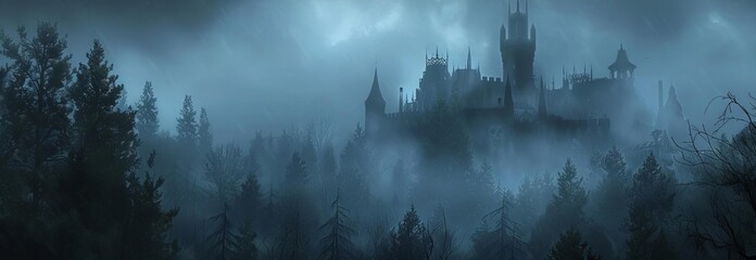 A worms-eye view of a spooky old gothic castle, shrouded in dense fog on a haunted night, perfect for a Halloween background, rendered in photorealistic CG 3D