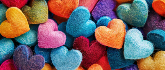 Happy Valentine's Day wedding birthday background greeting card love - colorful textile hearts hang as background texture
