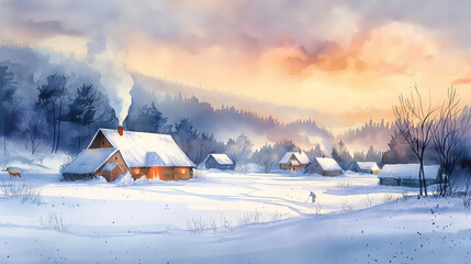 A cozy winter village nestled in a snowy landscape at sunset. Smoke rises from chimneys, painting a peaceful scene.
