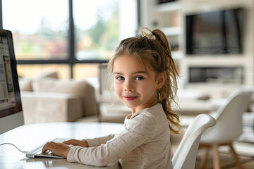 cute little girl with braided hair studies at home, learning online. Kid sits at a computer doing her homework in a bright living room. Child engaged in online learning with a laptop