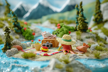 粘土細工のリアルな夏の山と川でのピクニックシーンのミニチュア/Realistic Clay Miniature: Summer Picnic Scene in the Mountains and by the River/Realistische Tonminiatur: Sommerszene mit Picknick in den Bergen und am Fluss